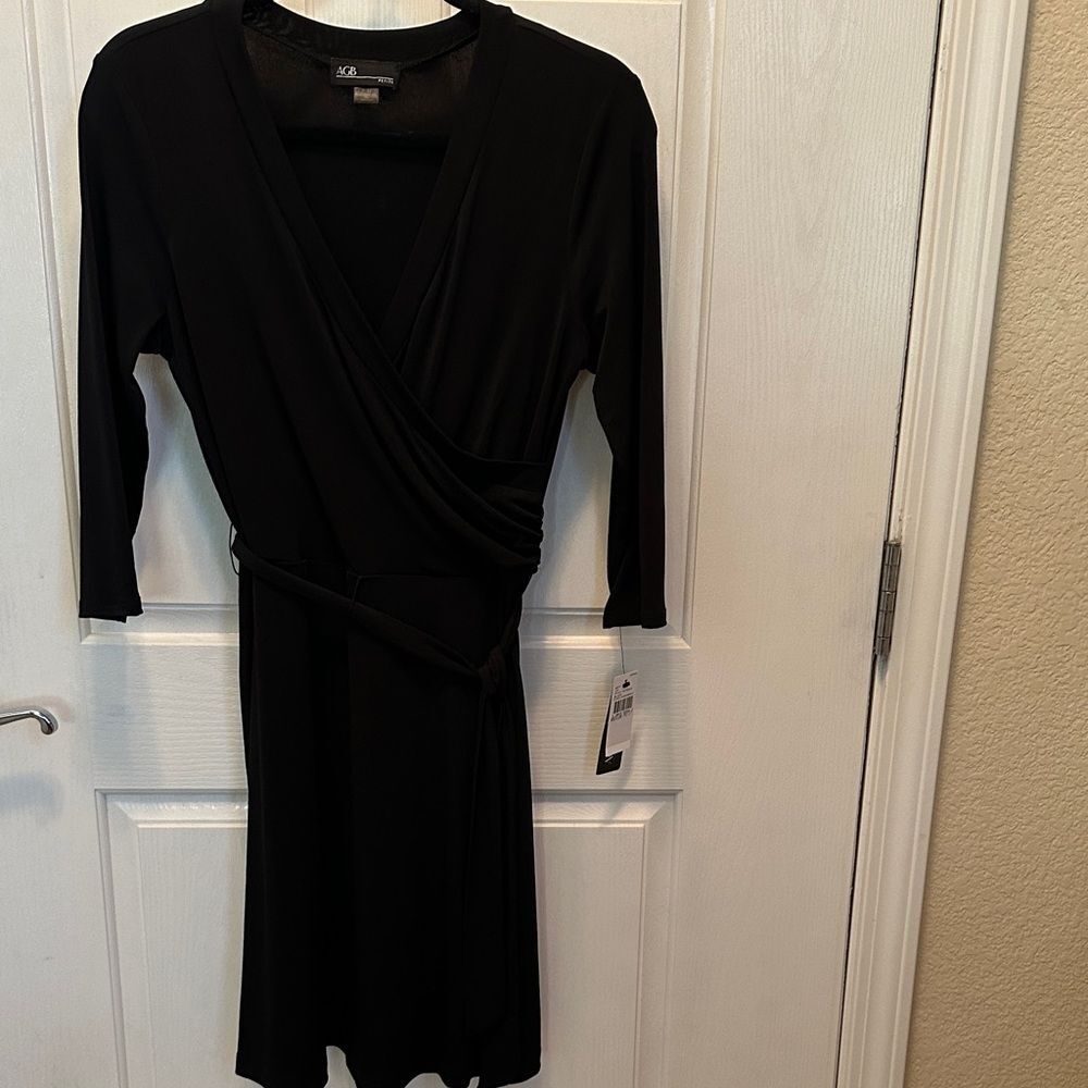 AGB Elegant Classic Faux Wrap 3/4 Sleeve Little Black Dress Size PM